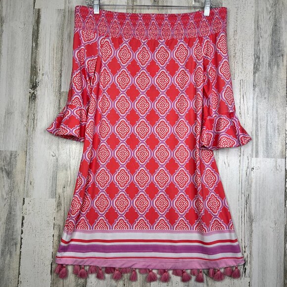 NEW! Coral Geo Off The Shoulder Dress Wowens Size Large Vacation Resort Wear - Picture 4 of 14